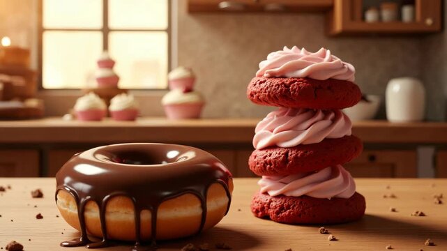 Close-up of assorted pastries on wooden table in kitchen setting.