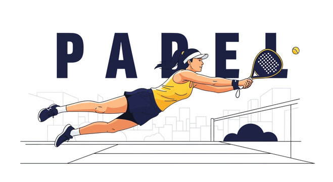 Dynamic Padle Player Action in Mid-Air, Intense Competition, Bold Style, Vector Graphic Illustration