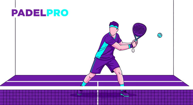 Dynamic Padle Athlete In Action With Racket And Tennis Ball Hitting Over Net, Sport Court In