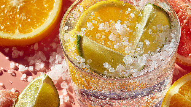 Macro close-up of glass with orange slice and lime wedge in effervescent ice on pink surface, sunlit summer