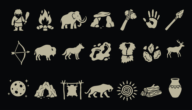 Prehistoric stone age vector icons featuring primitive tools and ancient animals for education