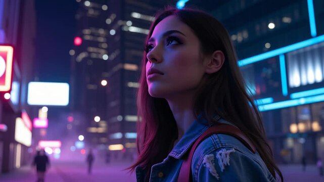 A young woman walking down a vibrant city street under neon lights and city skyscrapers. She has brown hair, wears a denim jacket with pink stitching, and carries a red bag.
