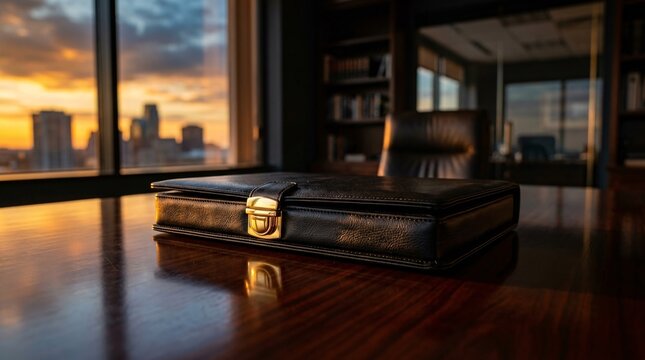 Classified top secret thick black leather portfolio with a shiny gold clasp resting on a reflective dark mahogany executive desk, warm lit.