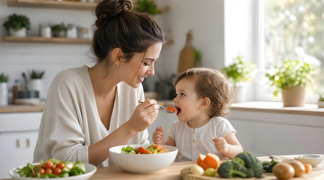Happy family moments,Mother spoon-feeding healthy salad to her little child in a sunlit kitchen