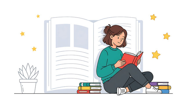Young woman engrossed in reading a book, surrounded by literature. This illustration captures a peaceful moment of learning and knowledge acquisition