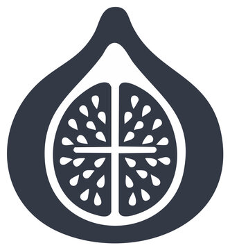 Stylized dark blue fig fruit icon with white cross section and seeds