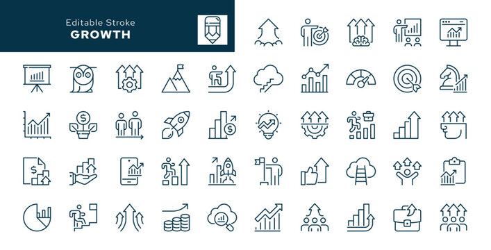 Growth outline icons set. Personal growth, productivity, development, increase, improvement, career, goal achievement and more. Line icon in linear style. Vector collection	