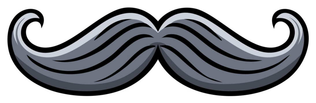 Stylized gray handlebar mustache with curled ends and black outline