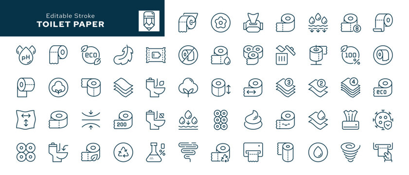 Toilet paper. Set of outline icons. Rolls, wet wipes, paper towels. Line icon in linear style. Vector collection