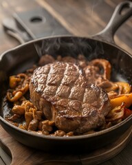 Fototapeta premium Rich beef curry simmering inside a traditional cast iron skillet on a rustic wooden table