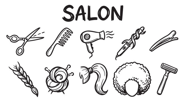 Hair salon equipment and styling tools vector illustration set. Hand drawn doodle style beauty parlor items.