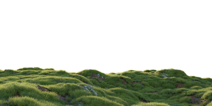 Rolling grassy hill terrain isolated on transparent background for landscape and environment design asset. 3D rendering.