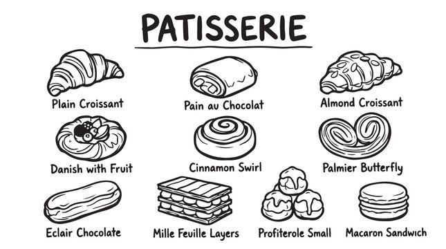 Set of delicious patisserie desserts hand drawn doodle icons including croissants, eclairs, and macarons.