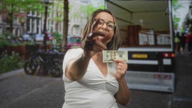 Woman points finger while holding a twenty dollar banknote on street; confidence boldness determination.