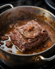 Fototapeta premium Tender braised beef inside a rustic cooking pot on a stovetop with savory sauce