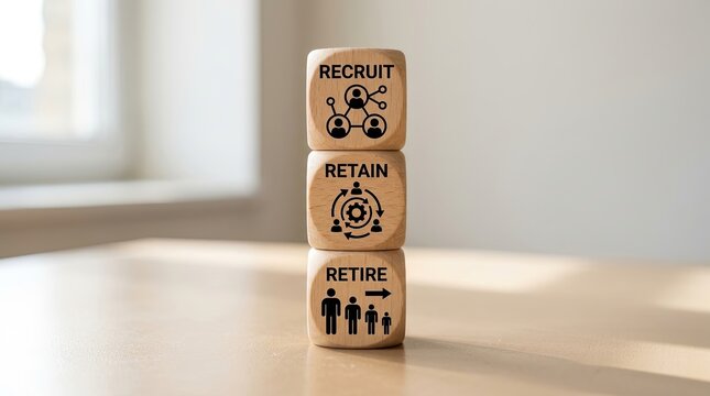 Wooden blocks illustrate the recruit retain and retire employee lifecycle stages