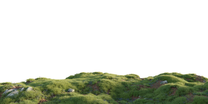 Rolling grassy hill terrain isolated on transparent background for landscape and environment design asset. 3D rendering.