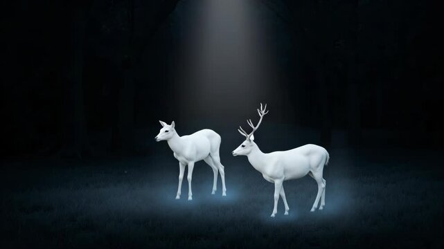 White deer stand under a single spotlight in darkness. Glowing light illuminates their forms against a dark forest floor. One deer faces forward, the other turns slightly to the side
