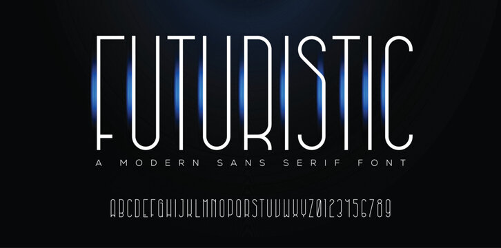 Futuristic condensed style font design, tall alphabet, letters and numbers vector illustration