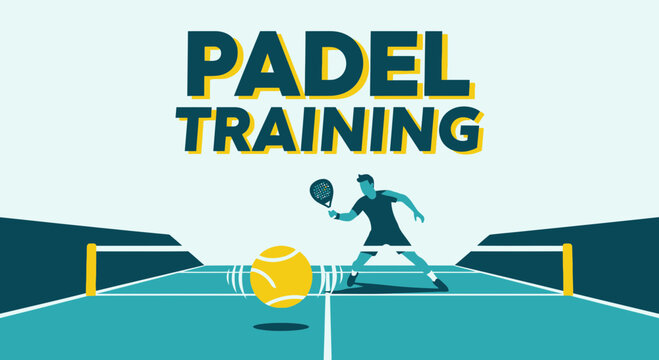 Dynamic Padel Training Illustration Showing Court, Player, and Bouncing Ball Activity
