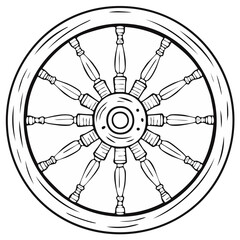 Obraz premium Black and white line art illustration of a traditional wooden ship's wheel representing navigation and seafaring adventure