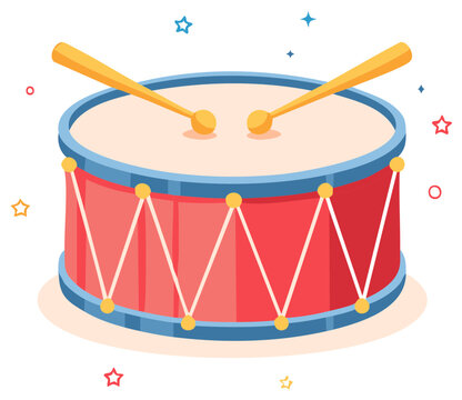 Illustration of a red toy drum with yellow drumsticks and colorful confetti stars and circles