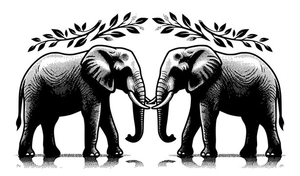 Halftone elephants vector &ndash; gray dot pattern facing wildlife illustration
