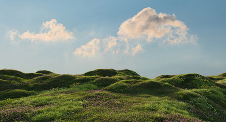 Rolling green meadow landscape with blooming wildflowers under dramatic cloudy sky. 3D rendering. © snesivan