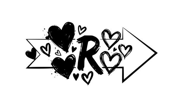 Black ink hearts and letter R vector &ndash; arrow symbol illustration