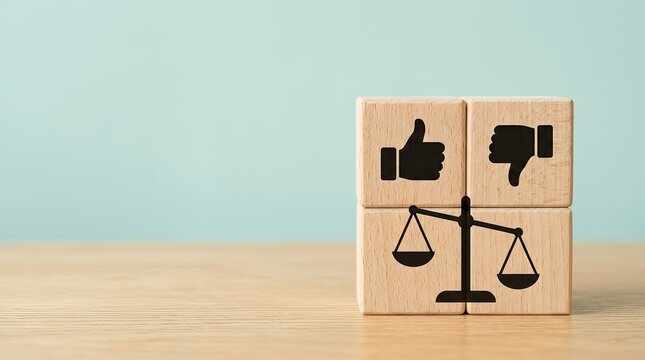 Wooden blocks illustrate evaluation with like dislike and balance symbols