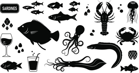 Seafood silhouette collection fish lobster octopus and marine life graphics © Shuvro229