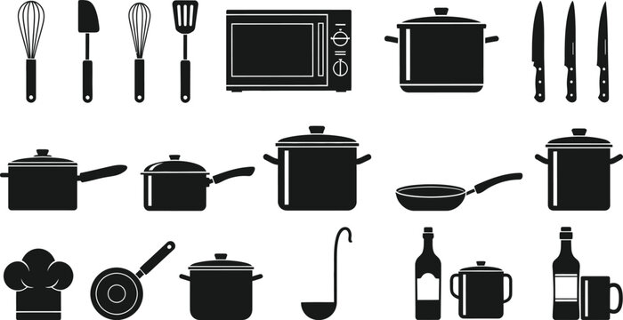 Kitchen utensils and cookware silhouette icons
