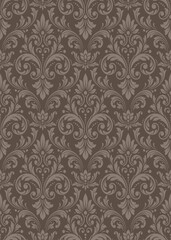 Fototapeta premium Elegant brown damask pattern with rich chocolate floral motifs for a sophisticated seamless brown damask pattern design, masculine branding, luxury packaging, and classic textile prints.