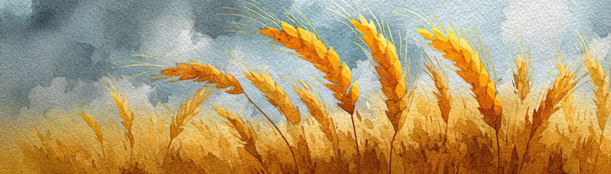 Artistic image of golden wheat stalks swaying against a stormy blue-gray sky, blending natural elements with textured, painterly effects.