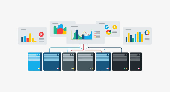 Servers and data analysis graphs connected.
