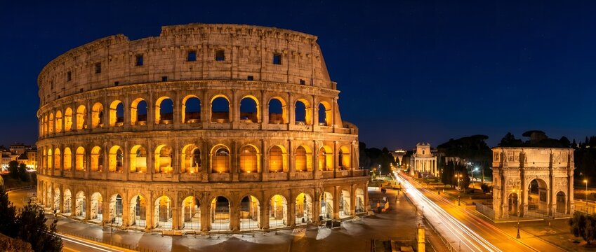 Roman Colosseum and Arch of Constantine at Night with Light Trails in Rome Italy