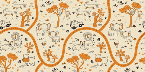Safari Animals and Road Map Seamless Pattern © irocket