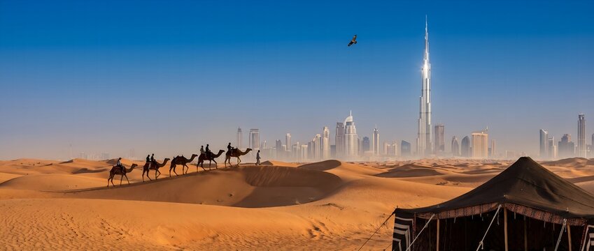 Camel Caravan in Dubai Desert with Burj Khalifa and City Skyline View at Sunset