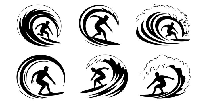 Black silhouette collection of surfers with surfboards in standing and riding poses surfer in on a wave, summer ocean sport lifestyle illustration set for beach and surfing