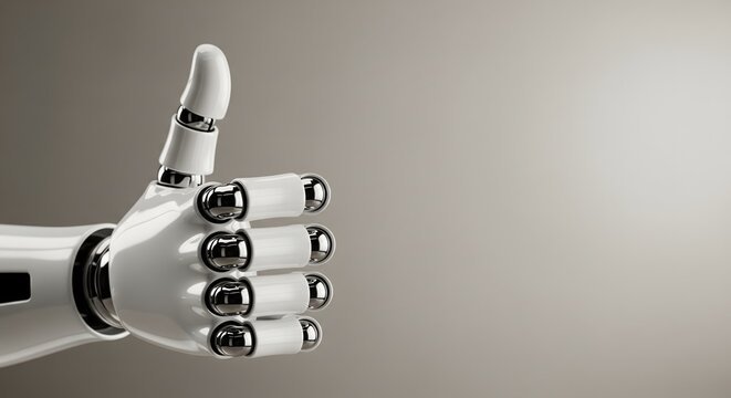 A robotic hand made of white plastic and chrome giving a thumbs up gesture against a neutral background.