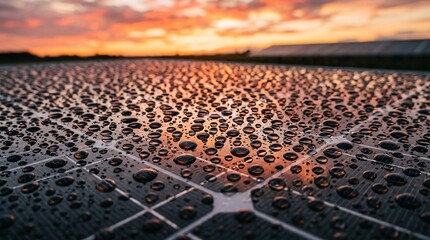 Fototapeta premium Gleaming futuristic monocrystalline solar panels coated in pristine spherical raindrops reflecting a fiery sunset sky, close-up textures.