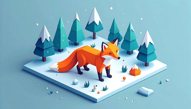 Pixel art fox standing in a snowy forest with pine trees, isometric view, winter wonderland theme