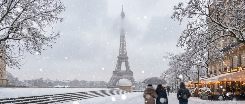 Eiffel Tower in Paris During Snowfall with People and Cozy Street Cafe