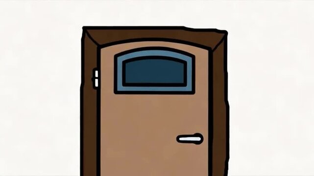 The cartoon door opens and a man enters, he says something and leaves, closing the door back.