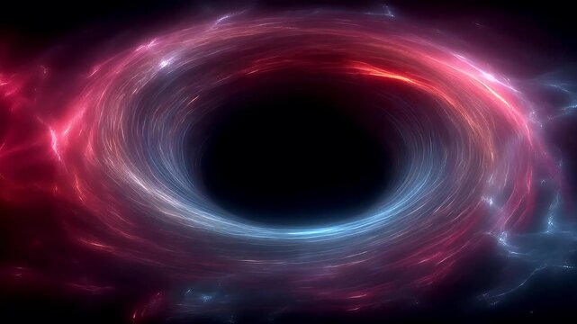 Black hole, fantasy, mysterious. A vivid digital artwork depicts a swirling vortex of light and shadow against a deep black background. The vortex is a mesmerizing blend of red and blue hues.