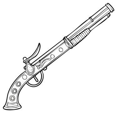 Line Art Drawing of Antique Flintlock Pistol with Ornate Handle and Trigger Mechanism