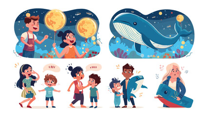Whimsical Children's Cartoon: Charming and playful illustrations showcasing children engaged in joyful activities, including the sighting of a majestic whale, balloon enjoyment, and interactive play.