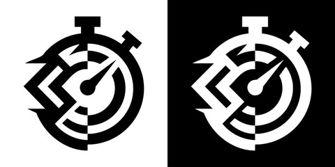 Two stopwatch icons with lightning bolts and checkered flags on white and black backgrounds. © Dhani