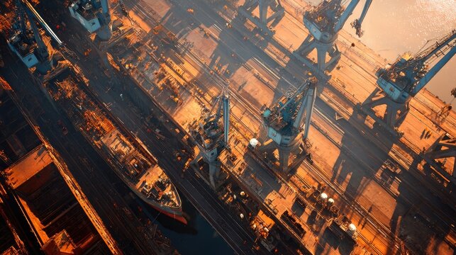 Aerial drone shot of a massive shipyard at golden hour, cranes casting long shadows over steel hulls, workers in high-visibility vests as tiny figures below, industrial grandeur