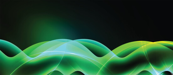 Abstract waves, vibrant green hues, dark background. Smooth lines create flowing, luminous effect. Modern design element. © antishock